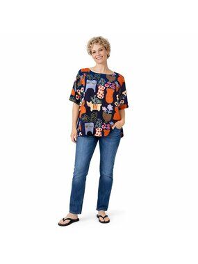 New Princess Highway Size 2 Cat Vase Print Top Relaxed Fit Short Sleeve